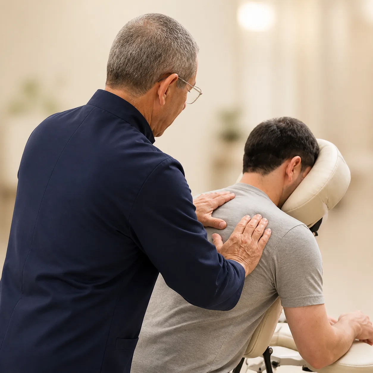 Alzemir aplicando massagem nos ombros de uma pessoa sentada de costas